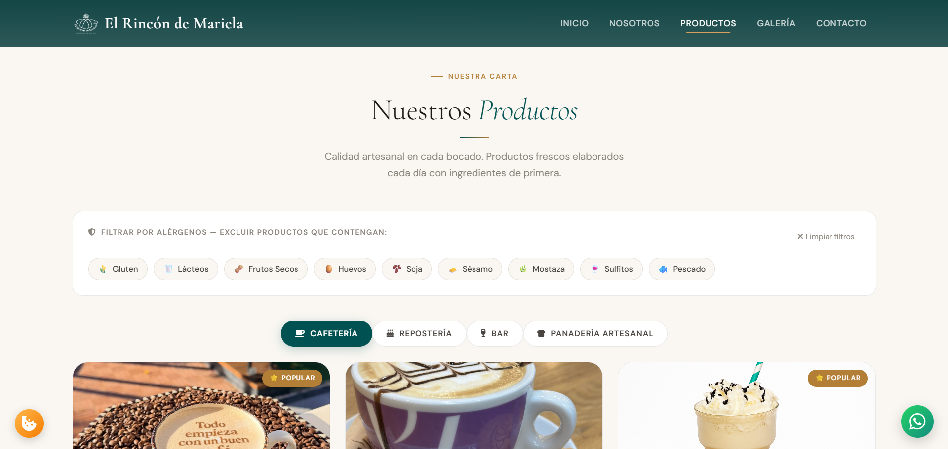 El Rincón de Mariela — Web para cafetería, panadería y bar